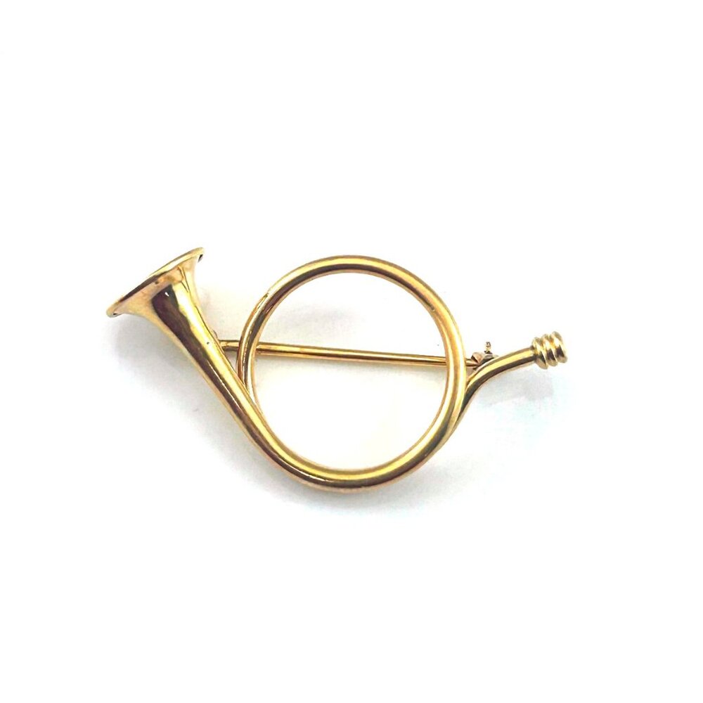 14K Yellow Gold French Horn Instrument Pin Brooch